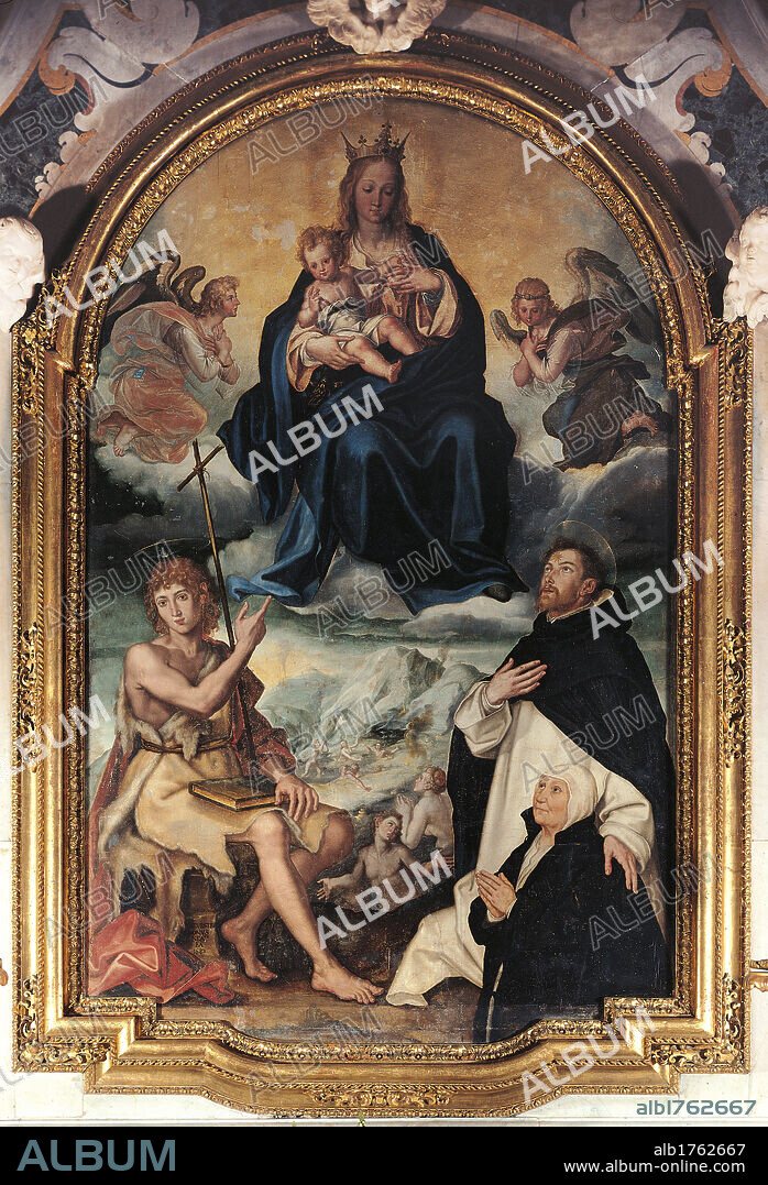 Our Lady of Graces (St Mary of Graces) with St John the Baptist, St Dominic and a client, by Silvestro Buono, 1551-1598, 16th Century, panel,. Italy, Campania, Naples, Sorrento, Santa Maria della Grazie Church. All. Madonna of Grace with St John the Baptist, St Dominic and a client angels cross book animal skin drapery mount naked yellow red white black azure light blue grey brown tones hues clouds.