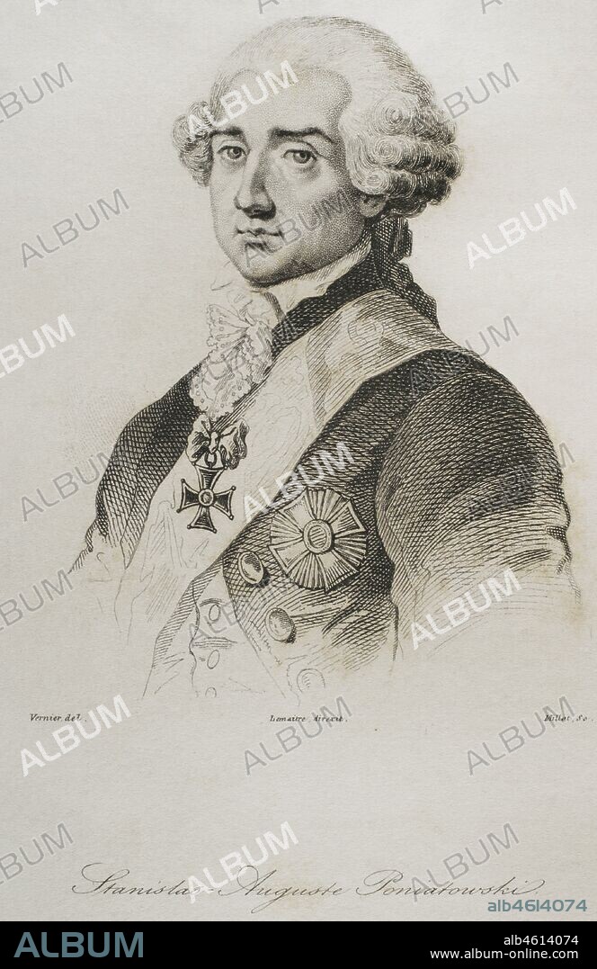 Estanislao II Augusto Poniatowski (1732-1798). Ultimo rey de Polonia como nación independinte (1764-1795). Retrato. Grabado por Lemaitre, Vernier y Millot. Historia de Polonia, por Charles Foster. Panorama Universal, edición española de 1840.
