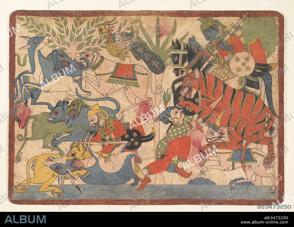 “Royal Hunt,” folio from a Mahabharata, 1800–1850, Western India, Maharashtra, Paithan or northern Karnataka, Ink and opaque watercolor on paper, 12 1/4 x 17 1/8 in. (31.1 x 43.5 cm), Paintings, The numerous battles that feature in the Mahabharata, one of the two epic Sanskrit poems of ancient India, provided traditional painters with a wealth of imagery. These narratives, together with the universal Indian desire to celebrate the hero-warrior (vira), combined in a distinctive genre of painting traditionally associated with the town of Paithan, near Aurangabad in Maharashtra.