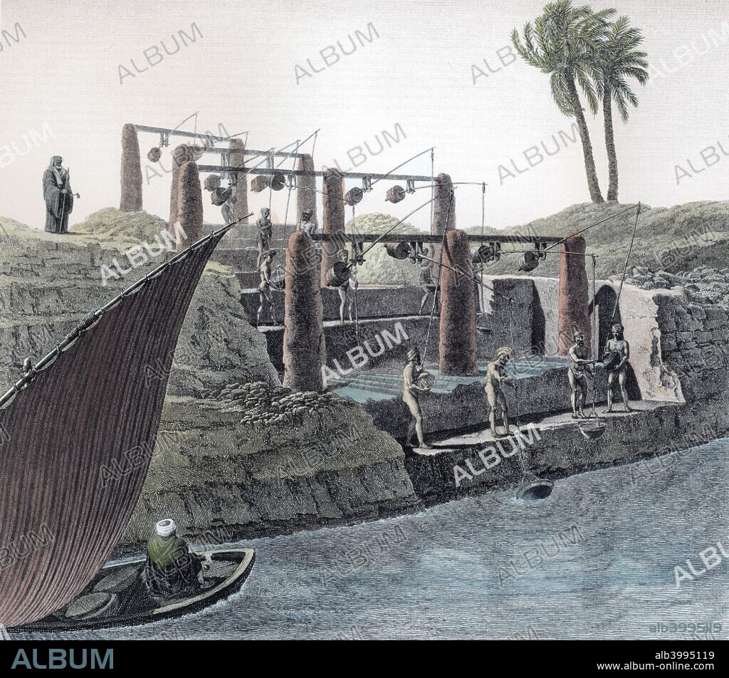 Collecting water from the Nile, Egypt, c1798. Shadufs being used to raise water from the River Nile. A shaduf is an irrigation tool, originally developed in Ancient Egypt. Plate 6 from Vol II, Arts and Trades of 'Descriptions of Egypt', a book published under the orders of Napoleon in 1822, documenting his military and scientific expedition to Egypt in 1798.
