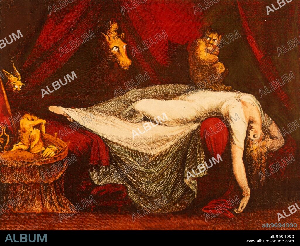Incubus seated ont he body of a sleeping woman. Inferior print of circa 1828 by William Raddon, inspired by Fuseli's painting, 'The Nightmare.'.