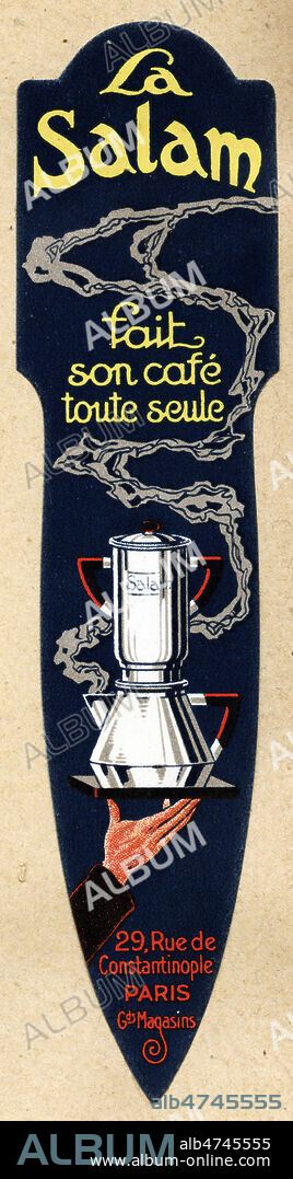 'La Salam fait son cafe toute seule'. Carte publicitaire vers 1920 pour une cafetiere. Illustration anonyme. Credit : Collection IM/KHARBINE-TAPABOR.