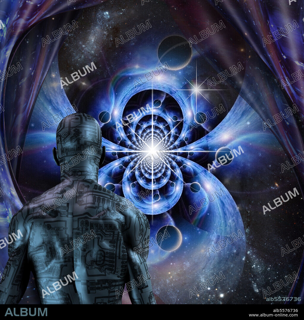 Sci-fi art of cyborg before endless spaces.