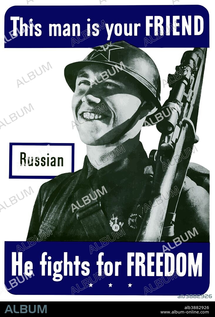 Digitally restored war propaganda poster. This vintage World War Two poster features a smiling Russian soldier. It declares - This man is your friend, He fights for freedom.
