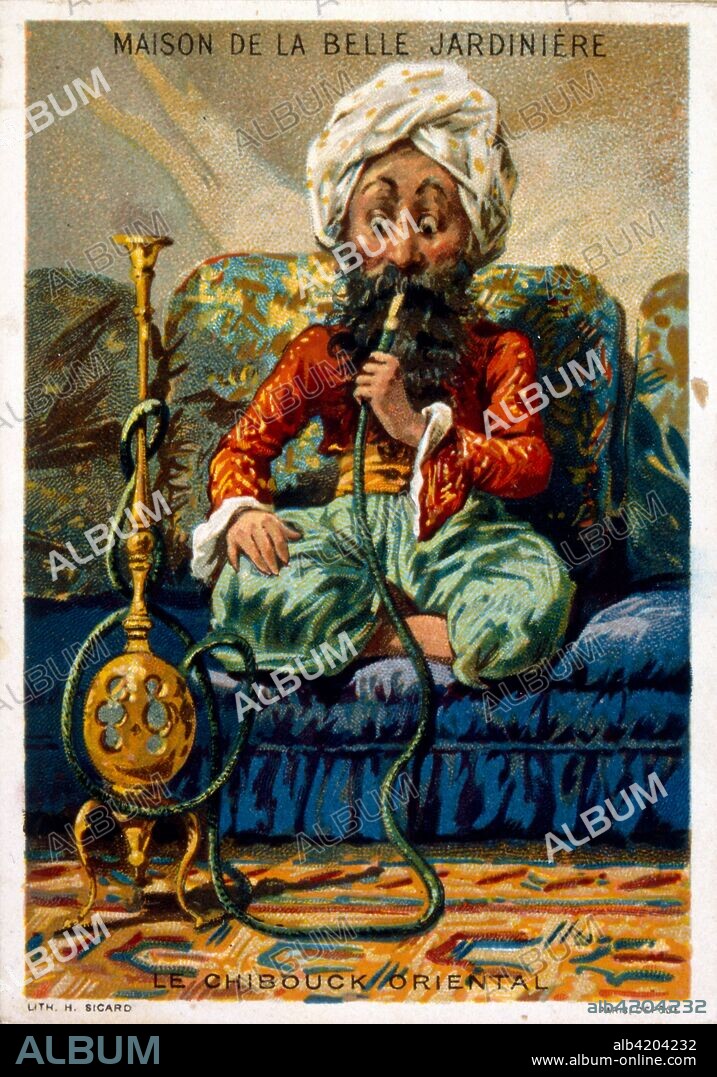 French chromolithograph showing an Arab man smoking a Shisha Pipe. Circa 1895.