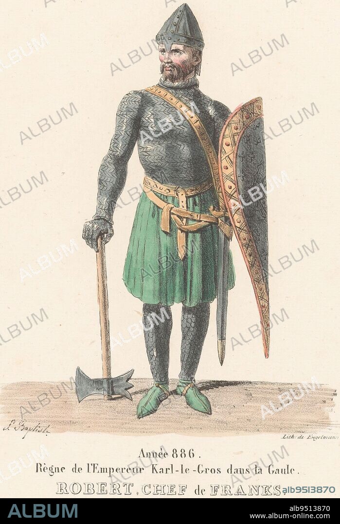 Costume of Robert the Strong from the tragedy Le Siege de Paris Robert, chef de Franks Theatre costumes Th, print maker: Martin Sylvestre Baptiste, (mentioned on object), Henri Duponchel, Jean Alaux, Paris, 1826, paper, h 372 mm - w 279 mm.