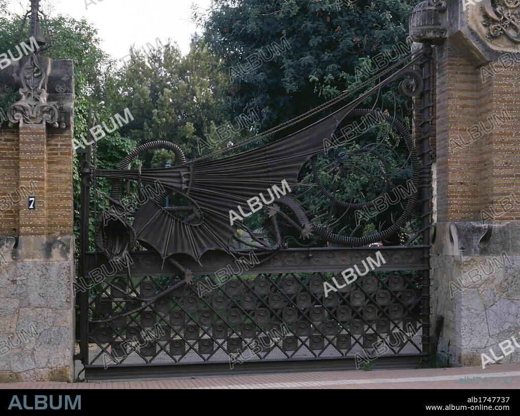 Spain, Catalonia, Barcelona. Guell Pavilions (1884-1887) built by Antonio Gaudi (1852-1926). The Iron dragon gate was manufactured by the locksmith's Vallet i Piquer.