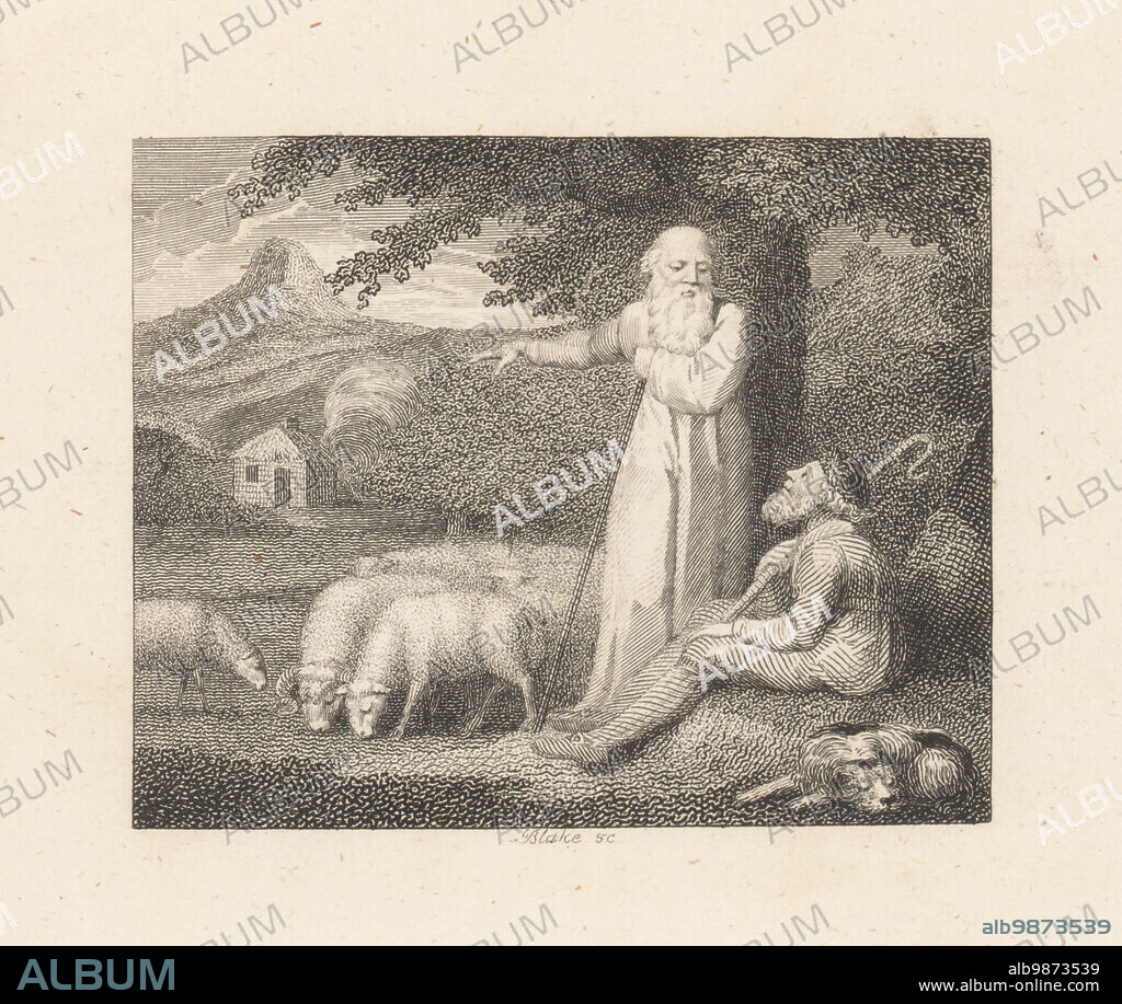 The Shepherd and the Philosopher. A shepherd with crook looks up at bearded man in robe resting on a staff pointing to a cottage. A sheepdog sleeps near a flock of sheep. Copperplate engraving by William Blake after an illustration by William Kent from Fables by John Gay, with a Life of the Author, John Stockdale, London, 1793.