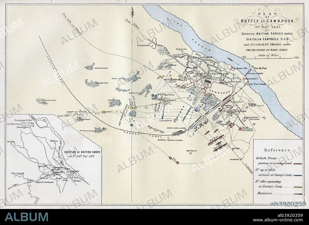 Battle of Cawnpore (Kanpur), Indian Rebellion, 6th December 1857, (1893). The British under General Sir Colin Campbell defeated the Indian rebels commanded by Tantya Tope. The battle was a decisive moment in turning the tide against the rebels. An engraving from James Taylor's The Age We Live In: A History of the Nineteenth Century, From the Peace of 1815 to the Present Time, William Mackenzie, (London, 1893).