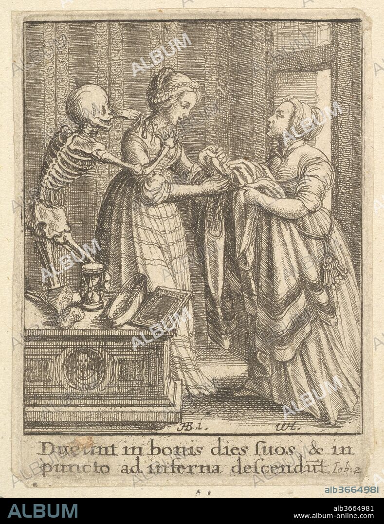 Bride, from the Dance of Death. Artist: After Hans Holbein the Younger (German, Augsburg 1497/98-1543 London). Dimensions: Sheet: 3 1/16 × 2 5/16 in. (7.7 × 5.8 cm). Etcher: Wenceslaus Hollar (Bohemian, Prague 1607-1677 London). Series/Portfolio: Dance of Death, after Holbein. Date: 1651.
The bride's mother on the right hands the young woman a robe and chain, while Death fastens a collar of bones around her neck.