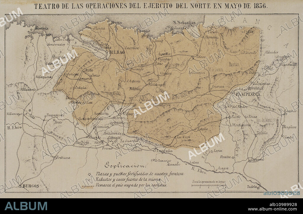 Historia de España. Primera Guerra Carlista (1833-1839). Mapa del teatro de las operaciones del Ejército del Norte en mayo de 1836. Remarcado el territorio ocupado por los carlistas. "Historia de la guerra civil y de los partidos liberal y carlista", por Antonio Pirala. Tomo II. Madrid, 1868.