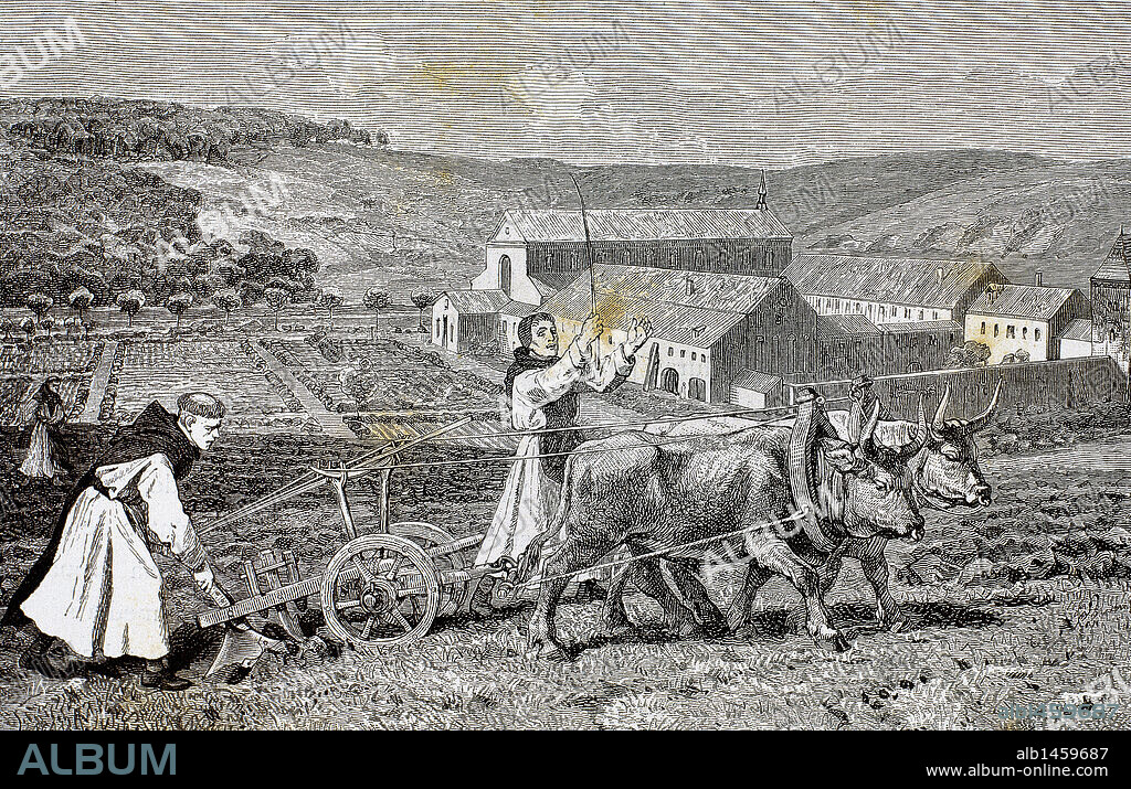Monks ploughing the land with oxen. Germany. 1872. Engraving.
