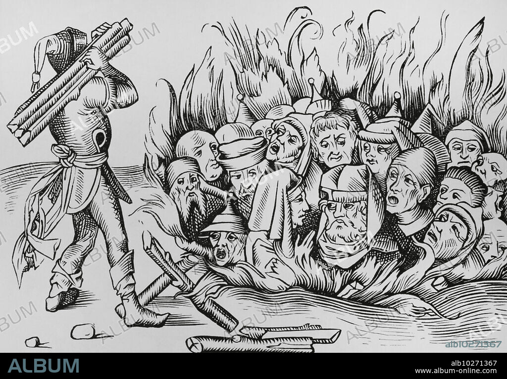 Los judíos de Colonia quemados vivos en la noche del 23 al 24 de agosto de 1349. Facsímil de un grabado en "Liber Chronicarum Mundi". Nuremberg, 1493. "Moeurs, usages et costumes au moyen-âge et à l'époque de la Renaissance", por Paul Lacroix. París, 1878.
