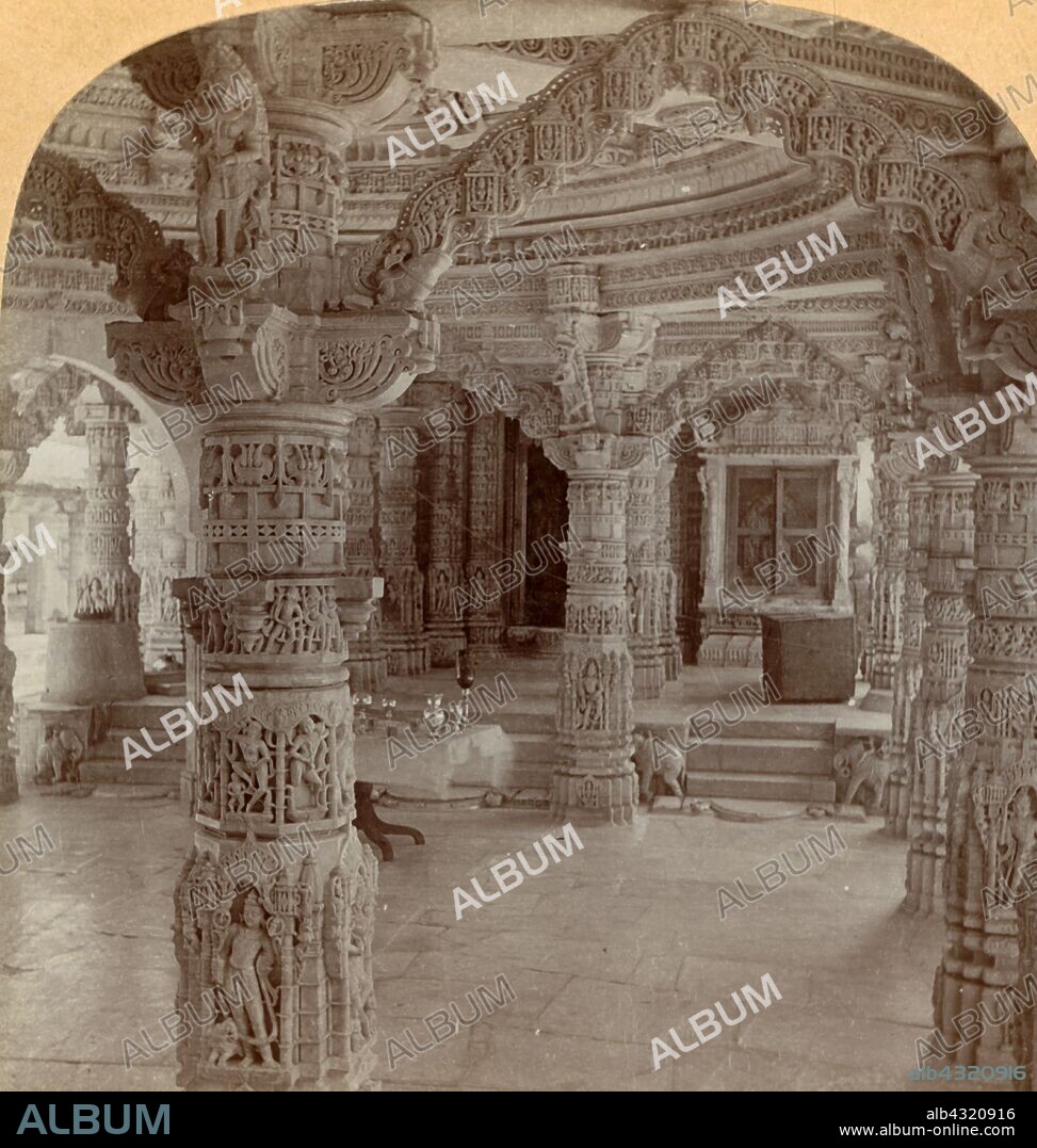 'Interior, Dilwara Temple, Mount Abu, India', 1901. One of the Jain Dilwara Temples near Mount Abu, Rajasthan, designed by Vastupala and built by Vimal Shah between the 11th and 13th centuries. The buildings are known for the vast amount of carved marble. Stereocard. [Keystone View Company, USA, 1901].