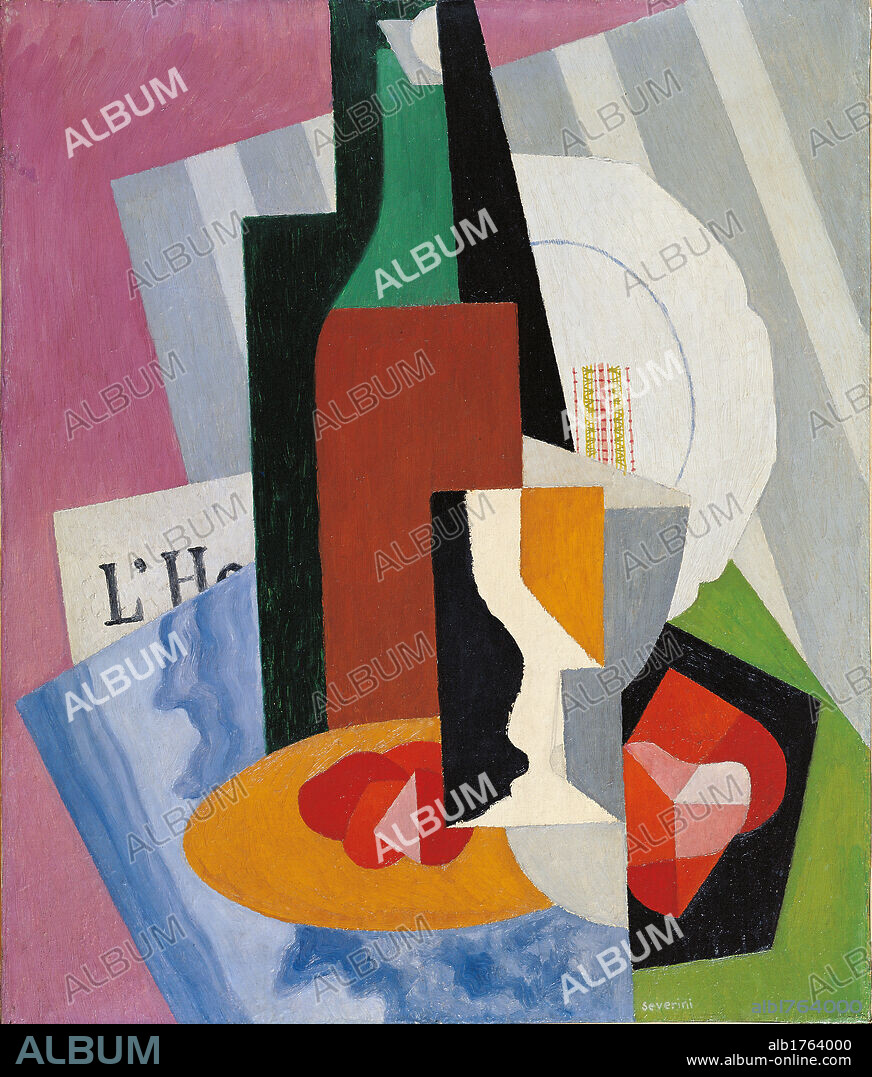 Still Life, by Gino Severini, 1916, 20th Century, oil and paper on panel, cm 55 x 46. Italy, Lazio, Rome, Private Collection. All. Still life light blue azure orange red bottle table plate.  Please remember that author's rights have to be cleared for modern and contemporary works of arts.