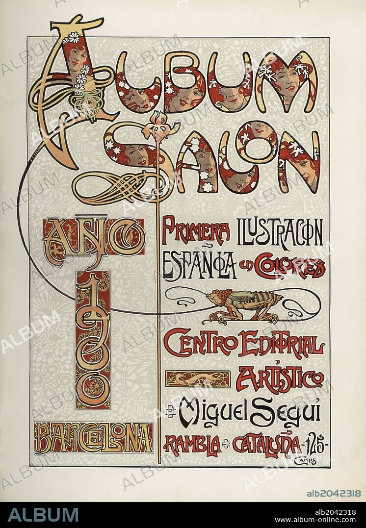 Portada de la revista modernista Album Salón, primera ilustración española en colores. Dibujo de Gaspar Camps Junyent (1874-1942). Año 1900.