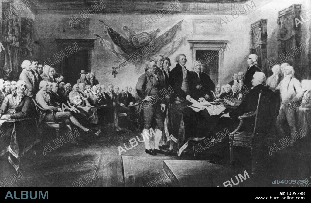 'Signing the Declaration of Independence, 28th June 1776', c1817. Thomas Jefferson presents the document to John Hancock in the Assembly Room of Independence Hall in Philadelphia.