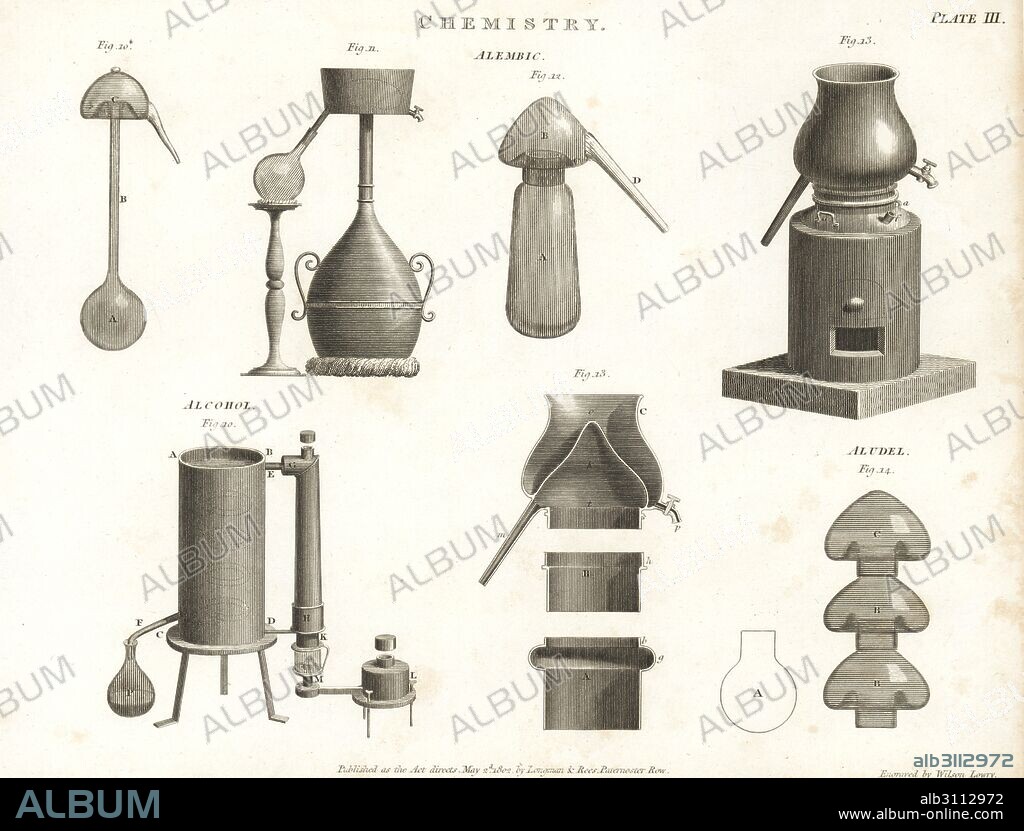 Alembic still with cucurbit flask and stil-head, alcohol still, and subliming aludel or Hermetic vase. Copperplate engraving by Wilson Lowry from Abraham Rees' Cyclopedia or Universal Dictionary of Arts, Sciences and Literature, Longman, Hurst, Rees, Orme and Brown, London, 1802.