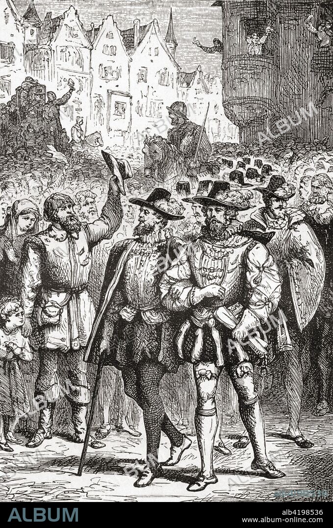 The procession of the petitioning nobles. A covenant of members of the lesser nobility in the Habsburg Netherlands who came together to submit a petition to the Regent Margaret of Parma on 5 April 1566, to obtain moderation in the Inquisition and the abolition of the laws against heresy.  From Ward and Lock's Illustrated History of the World, published c.1882.