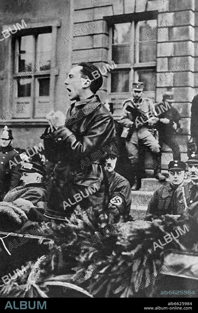 Joseph Goebbels, who entered the Reichstag as one of the first twelve National Socialists, became Reich Minister of Propaganda on the 14th of March in 1933, the day of the seizure of power by the Nazis. He was responsible for the burning of books on the 10th of May in 1933, organised the Nazi boycott of Jewish businesses and prepared the "Kristallnacht" ("Crystal Night") on the 10th of November in 1938. He spoke out for "Total War" in his infamous speech in the Sportpalast of Berlin in February in 1943. Shortly before the capitulation, he killed his six children, his wife Magda and himself with pistol and poison on the 1st of May in 1945. The dead bodies were covered with petrole and burnt by his adjutant in the garden of the Chancellery of the Reich, but could be identified by the Soviets. Goebbels was born on the 29th of October in 1897 in Rheydt. 30/11/1999