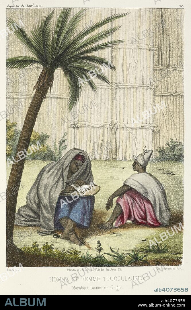 LEMERCIER und P. D. BOILAT. Homme et femme Toucoulaures. Marabout faisant un Grigri. A man and woman of the Toucouleur people of West Africa. A Marabout (Muslim religious leader and teacher in West Africa.). Esquisses seÌneÌgalaises, etc. Paris, 1853. Source: 10096.h.9 plate 20.