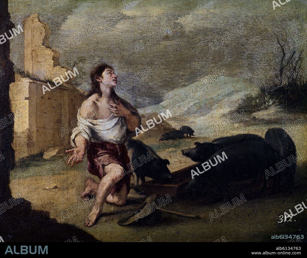 BARTOLOMÉ ESTEBAN MURILLO. EL HIJO PRODIGO ABANDONADO - HACIA 1660 - OLEO/LIENZO - 27 cm x 34 cm - BARROCO ESPAÑOL - NP 1000.