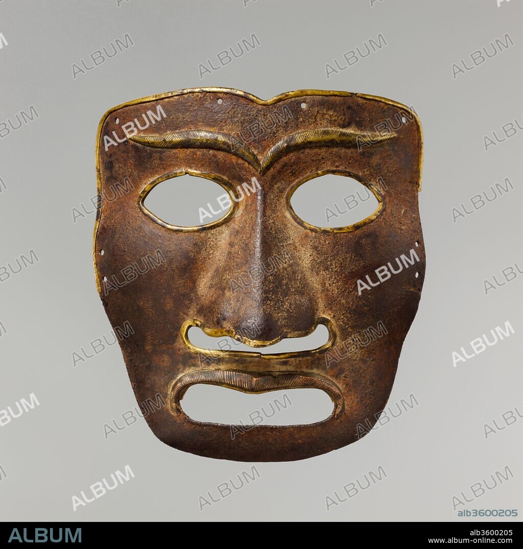 War Mask. Culture: Mongolian or Tibetan. Dimensions: 6 ½ x 5 ¾ in. (16.5 x 14.6 cm). 
Thickness: 
Cheeks between 1.3-1.5mm on both cheeks.
Center of forehead, 1.7mm
Tip of nose, 1.2mm.
Ridge of nose, 1.8mm 
The exposed ring was 1mm at all point checked.
All other samples from around the face were about 1.5mm.. Date: 12th-14th century.
Masks for use in ritual dances and other ceremonies are well known in Tibet and Mongolia, and were made from papier-mâché, leather, or gilt copper.  This mask is exceptionally rare, however, because it was made of iron for use in battle, and is one of only two known masks of this type with distinctly Mongolian or Tibetan features.  Bronze and silver war masks were used during the Roman Empire and in the Ancient Near East.  Iron war masks dating from the 10th to 13th century are known from southern Ukraine and Russia, from Iran during the 13th century to the16th century, and Japan, where they were worn by Samurai warriors from the 15th to the 19th century.  This example provides a unique Central Asian link in the use of war masks from the western steppes of Europe to the eastern edges of Asia.