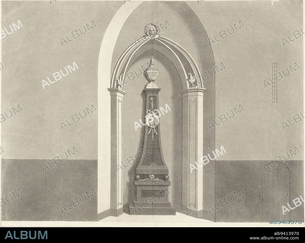 Funeral monument for Anthony van Leeuwenhoek in the Oude Kerk in Delft, The Netherlands, Funeral monument for Anthony van Leeuwenhoek, print maker: Johannes Cornelis Zürcher, Amsterdam, 1804 - 1882, paper, etching, h 221 mm × w 289 mm.