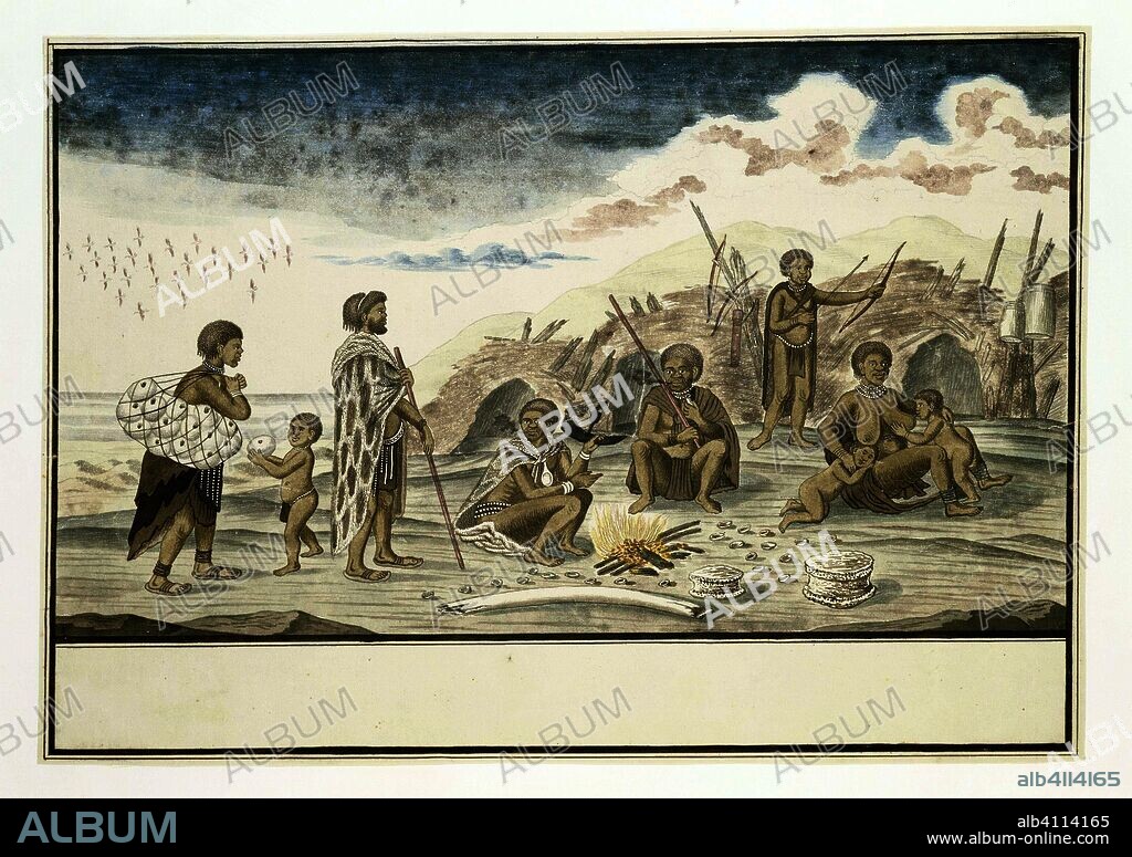 Homestead of the so-called Strandlopers (San or Khoi) just north of the Orange River's mouth. Draughtsman: Robert Jacob Gordon (attributed to). Dating: Aug-1779. Place: Kaapprovincie. Measurements: h 660 mm × w 480 mm; h 324 mm × w 457 mm; h 252 mm × w 438 mm.