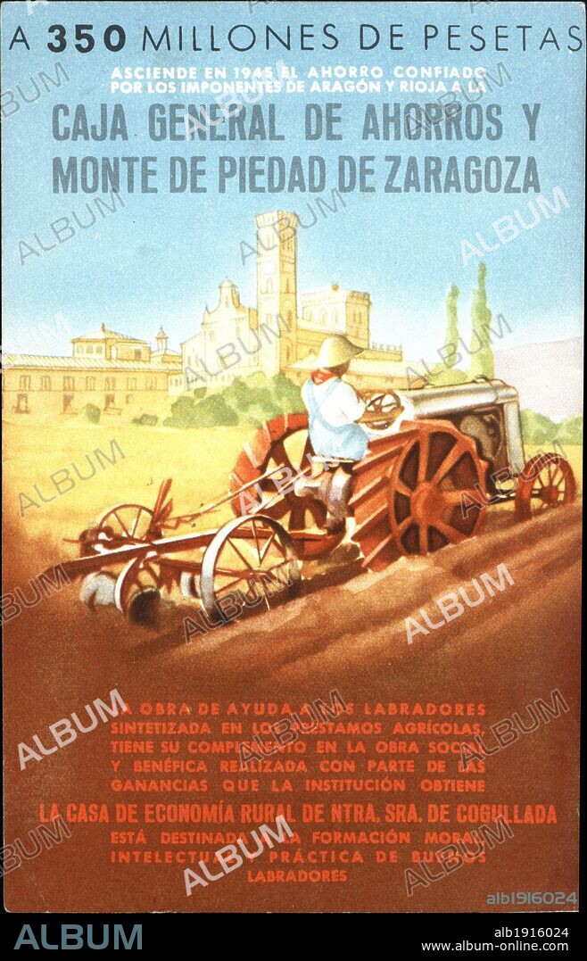 Tarjeta publicitaria de la Caja General de Ahorros y Monte de Piedad de Zaragoza. Año 1945.