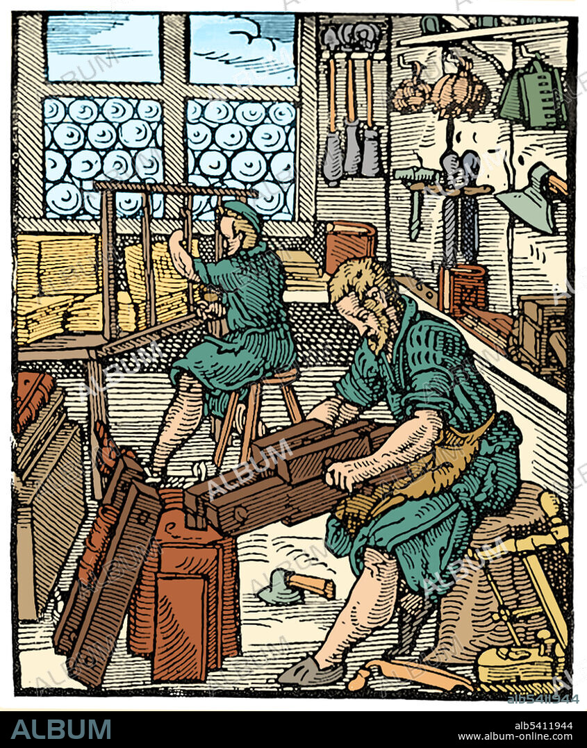 Medieval bookbinders at work. Illustration from Jost Amman's Book of Trades, 1568. Colorized.