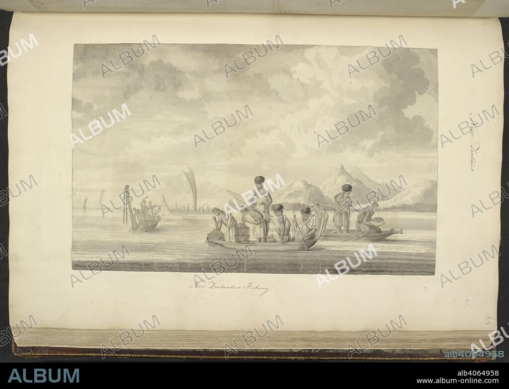 SYDNEY PARKINSON. [Whole drawing] New Zealanders fishing in Queen Charlotte Sound, with cylindrical fishing nets. Three of the natives in the central canoe, and one in the canoe on the right, are wearing the potae-taua [mourning cap] worn by widows, which are woven of rushes dyed black and decorated with black feathers. January 1770. A Collection of Drawings made in the Countries visited by Captain Cook in his First Voyage, 1768-1771. 1770.    . Source: Add. 23920, f.44. Language: English.
