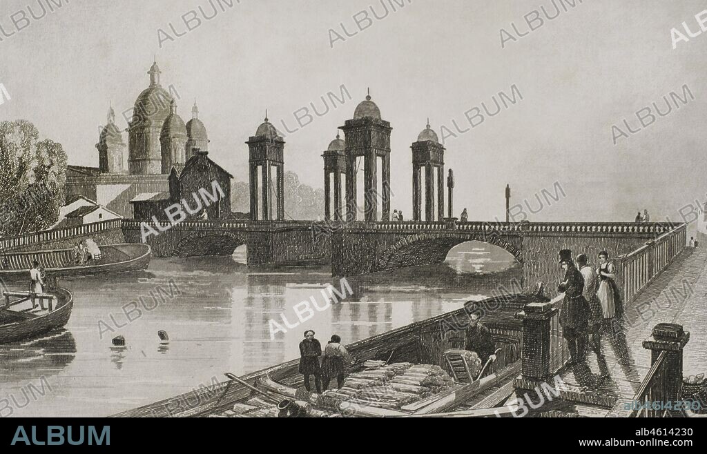 Russia, Saint Petersburg. Trinity Church (Troitskoi Church) and bridge over Fontanka Canal. Engraving by Lemaitre and Cholet. History of Russia by Jean Marie Chopin (1796-1870). Panorama Universal, Spanish edition, 1839.