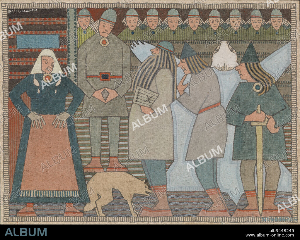 Joseph Alanen, 2.11.1885, Tampere, 6.5.1920, Helsinki, Väinämöinen, Ilmarinen and Lemminkäinen arrive to Pohjola, 66 × 88 cm, tempera, tempera on canvas.