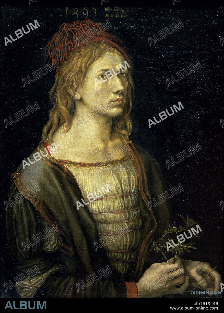ALBERTO DURERO. Portrait of the Artist Holding an Erynganeum   15th C.  Albrecht Durer (1471-1528/German)  Parchment on canvas  Musee du Louvre, Paris.