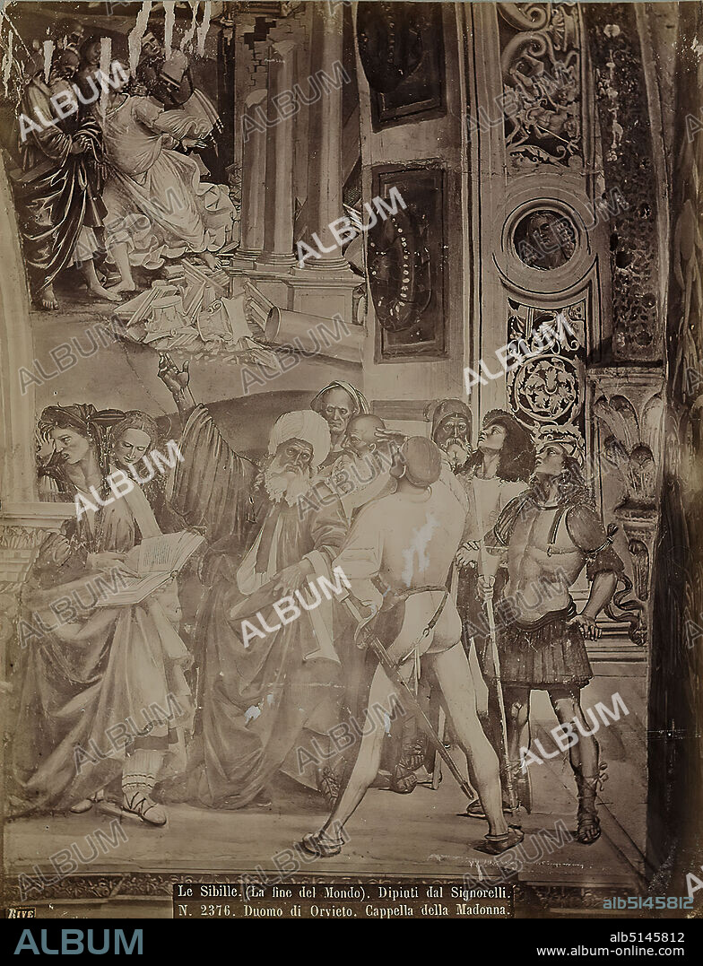 Robert Rive, Duomo di Orvieto. Cappella della Madonna. Le Sibille (La fine del Mondo). Dipinti dal Signorelli, albumin paper, black and white positive process, image size: height: 25.5 cm; width: 19.8 cm, inscribed: recto and: exposed: title, photographer, church decoration, Christian religion, mural painting.