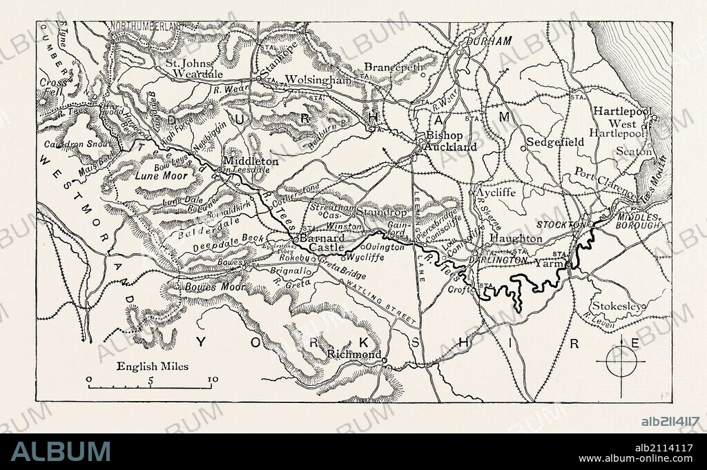 MAP OF THE COURSE OF THE TEES. The River Tees is in northern England. It rises on the eastern slope of Cross Fell in the North Pennines, and flows eastwards for 85 miles (137 km) to reach the North Sea between Hartlepool and Redcar near Middlesbrough. UK.