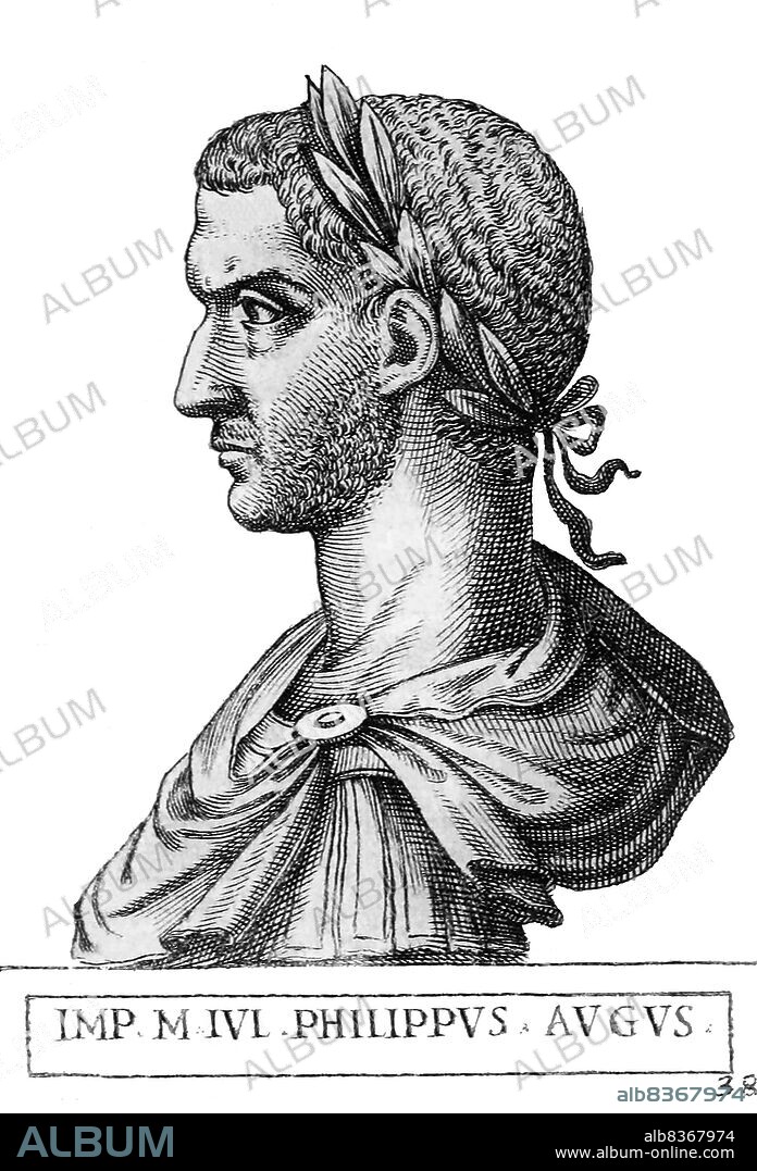 Italy: Philip the Arab (204-249), 33rd Roman emperor, from the book <i>Romanorvm imperatorvm effigies: elogijs ex diuersis scriptoribus per Thomam Treteru S. Mariae Transtyberim canonicum collectis</i>, c. 1583.<br/><br/>. Marcus Julius Philippus (204-249), commonly known as Philip the Arab, was born in the Roman province of Arabia, in what is now Syria. He rose to power during the last years of Emperor Gordian III's reign, due to the machinations of his brother, Gaius Julius Priscus, who was an important member of the Praetorian Guard. Gordian III's death in 244 resulted in Philip's accession to the imperial throne.