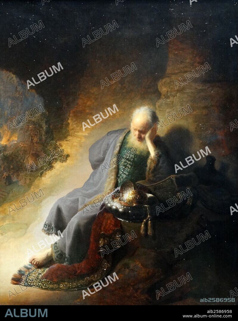 Painting of Jeremiah Lamenting the Destruction of Jerusalem. Painted by Rembrandt Harmensz van Rijn (1606-1669) Dutch painter and etcher. Dated 17th Century.
