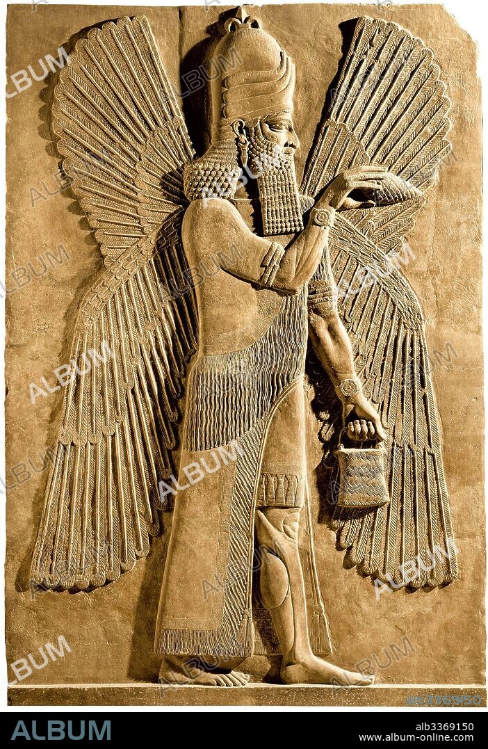 ASSYRIAN ART. Winged genie. Detail of a relief from the palace of Assyrian king Sargon II.