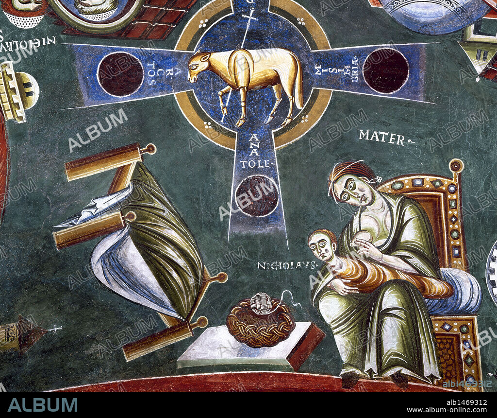 ARTE BIZANTINO. ITALIA. (S. XI). Detalle del fresco de la bóveda de la CAPILLA DE SAN ELDRADO Y SAN NICOLAS (s. XI), donde aparece representado el CORDERO MISTICO dentro de una cruz, y una escena de la infancia de SAN NICOLAS junto a su madre, dándole el pecho. ABADIA DE NOVALESA. Provincia de Turín. Italia.