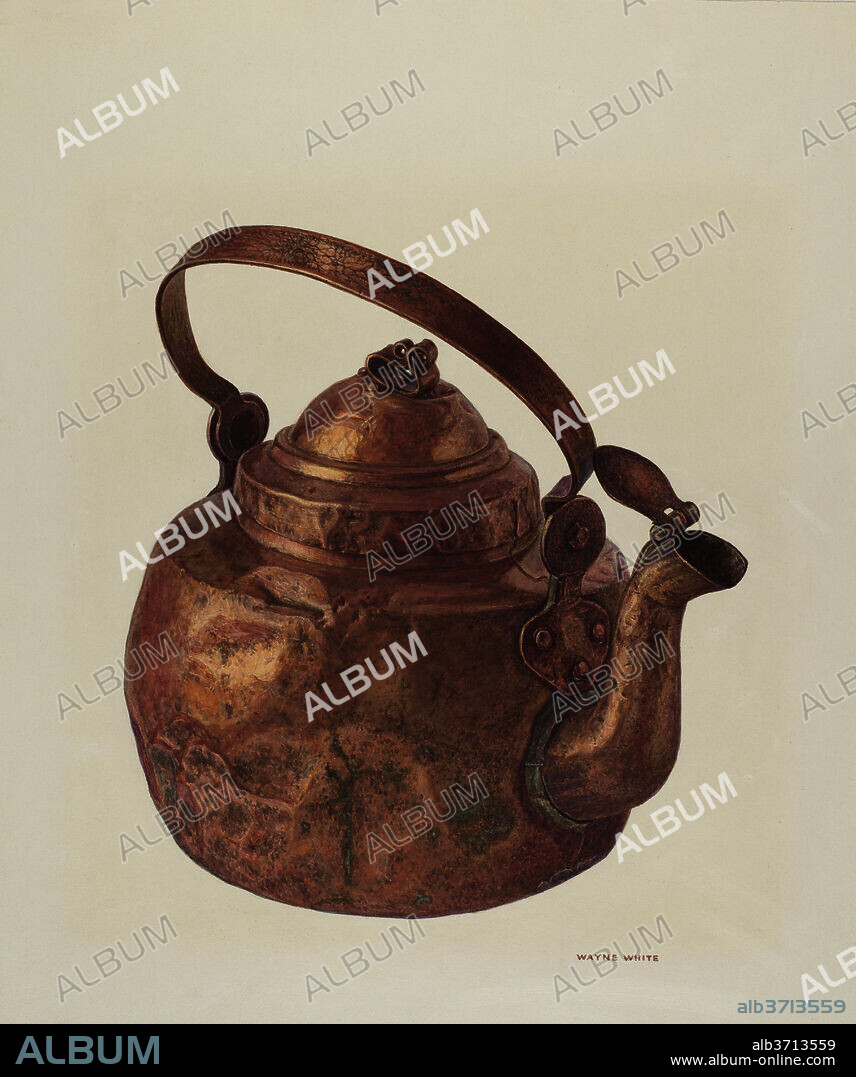 WAYNE WHITE. Copper Tea Kettle. Dated: c. 1940. Dimensions: overall: 40.5 x 32.1 cm (15 15/16 x 12 5/8 in.)  Original IAD Object: 7 1/2" in diameter; 7 1/2" high. Medium: watercolor, graphite, and colored pencil on paperboard.