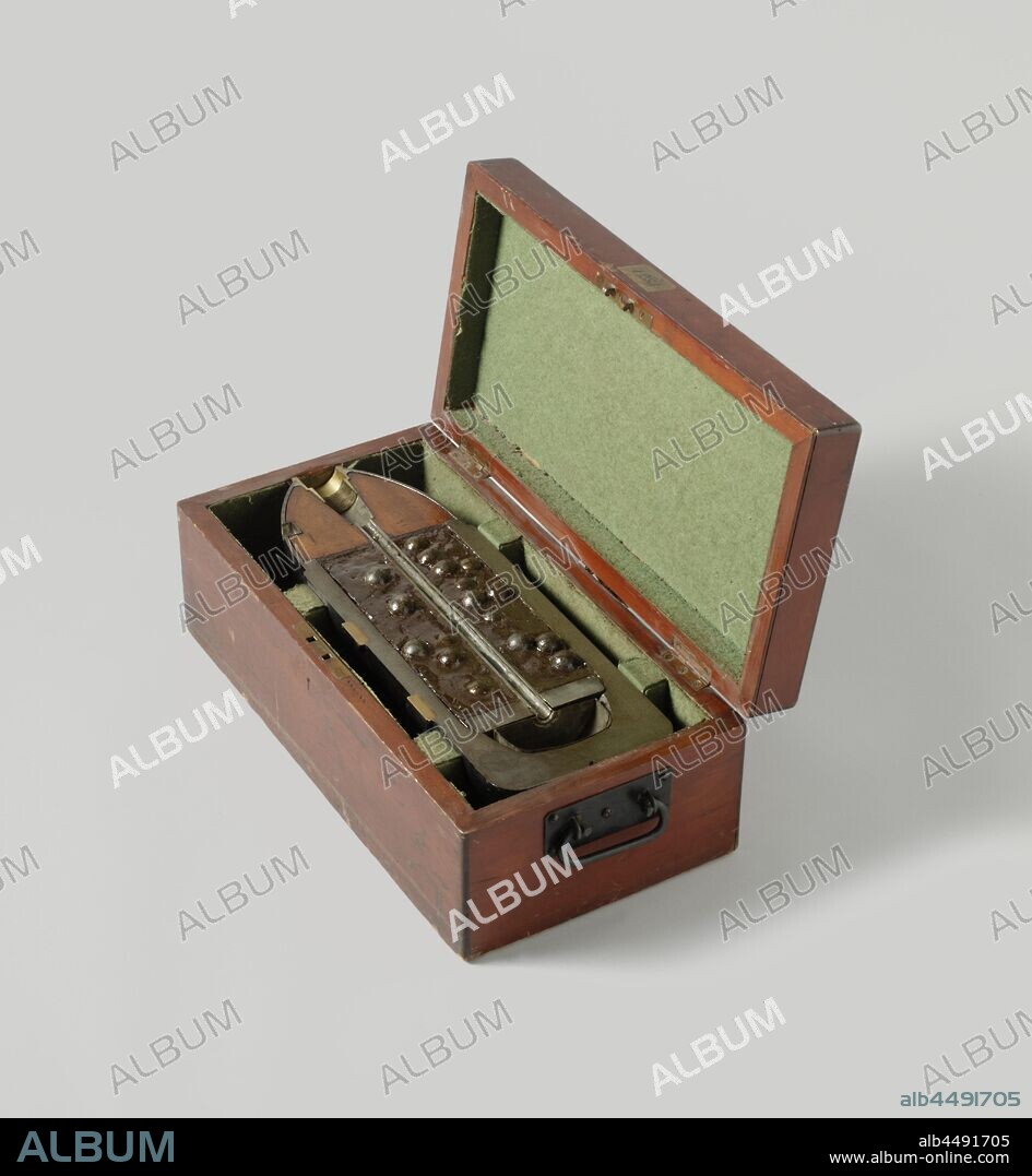 Shrapnel shell, 18 cm Shrapnel Shell in a Wooden Box, A half-length pointed sawn-shaped 18 cm grenade cartets in a wooden box. The grenade is 49.2 cm long and has a caliber of 176 mm. The grenade has two rings of pressed-in cams for a drawn barrel with three pulling fields, a ballistic cap filled with wood, a tube hole, a fire-conducting pipe to the explosive charge in the bottom and a cardboard charge of lead balls of 24 mm diameter on top of the explosive charge by an iron ring., W.G. Armstrong & Co, Newcastle upon Tyne, 1868, iron (metal), bronze (metal), brass (alloy), wood (plant material), shell: h 8.8 cm × w 49.2 cm × d 17.6 cm box: h 19.8 cm × w 53.5 cm × d 27 cm.