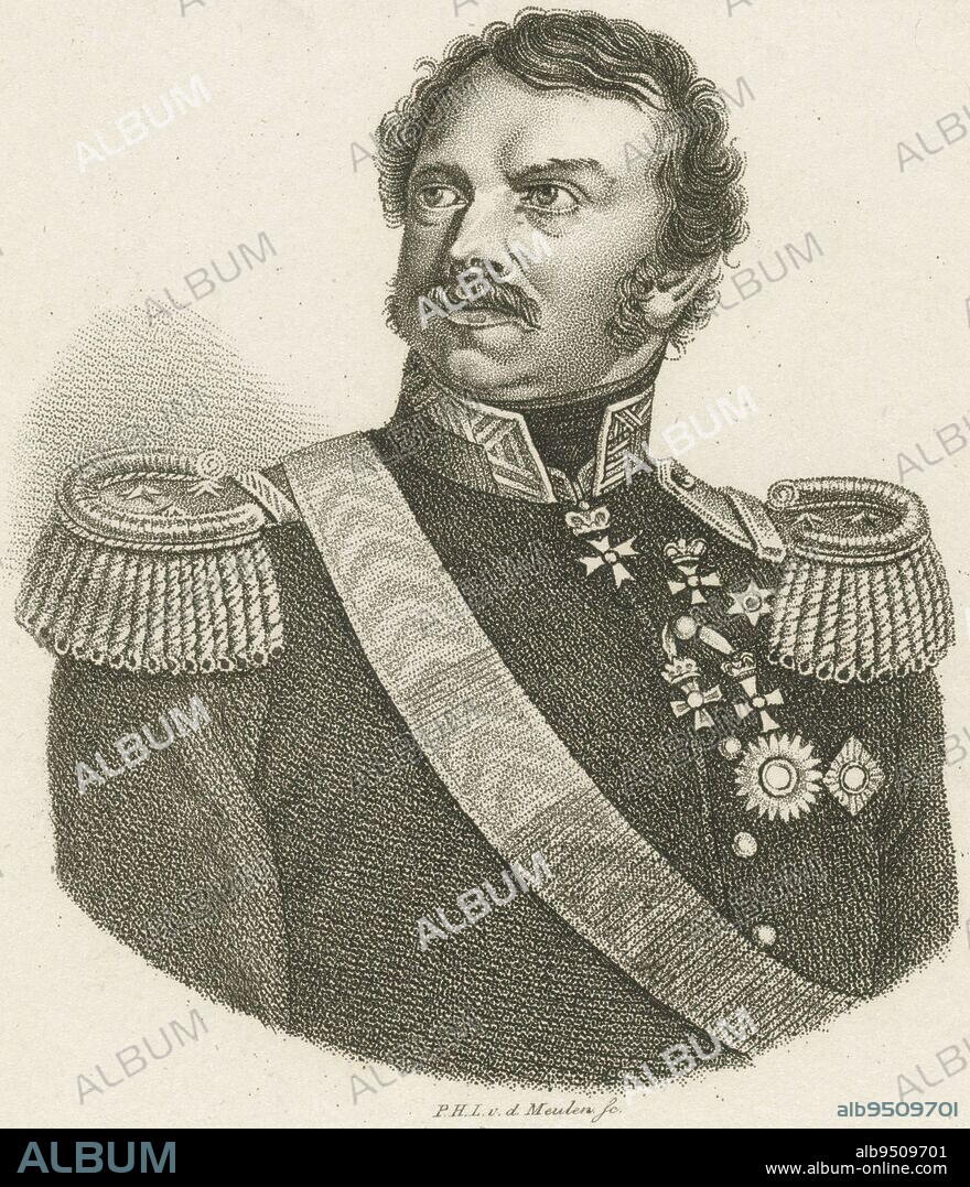 Portrait of Duke Bernhard Karel of Saxe-Weimar-Eisenach with decorations on his chest, including the Military William Order. Among other things, he fought on the Dutch side in the Battle of Waterloo. Portrait of Duke Bernhard Karel of Saxe-Weimar-Eisenach, print maker: Pieter van der Meulen, (mentioned on object), publisher: Hendrik Moolenyzer, (mentioned on object), Amsterdam, 1790 - 1858, paper, engraving, h 245 mm × w 158 mm.
