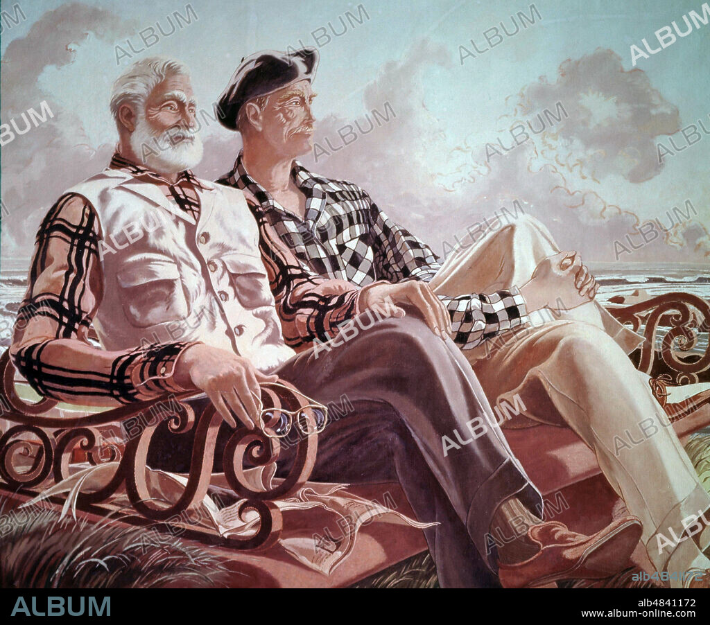 HEMINGWAY, ERNEST. ESCRITOR USA. 1899-196. HEMINGWAY Y JUAN DUÑABEITIA. ( CAPITAN VASCO ). ESCENA DE CONVERSACION , OCIO. OLEO DE JOSE MARIA UCELAY,1957. COLECCION DEL AUTOR.