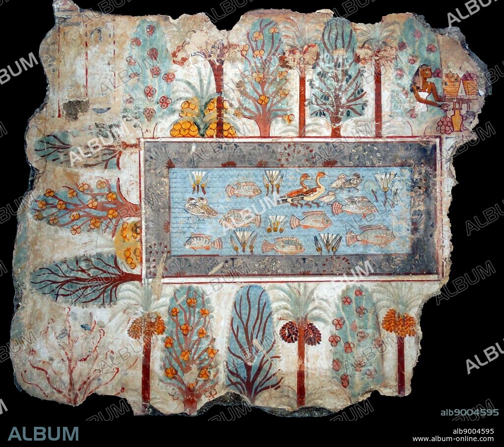 Fresco from the tomb of Nebamun, shows a pool in a garden that might have belonged to Nebamun. The pool is full of birds, lotus flowers and tilapia fish, while papyrus grows along the edge. Around the pool are palms, dom-palms, sycamore fig, mandrakes, and other bushes. Thebes, Egypt 18th Dynasty, around 1350 BC.