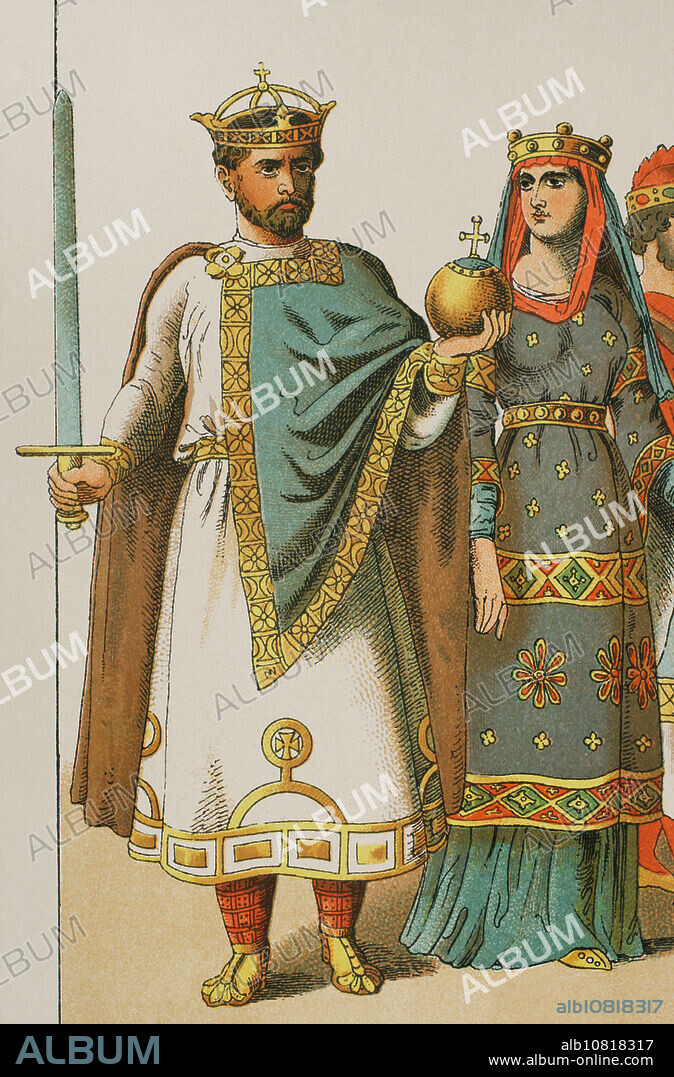 Enrique II del Sacro Imperio Romano Germánico (973-1024). Rey alemán (1002-1024) y emperador del Sacro Imperio Romano Germánico (1014-1024). Enrique II junto a su esposa, Cunegunda de Luxemburgo (h. 975-1040), emperatriz del Sacro Imperio. Cromolitografía. "Historia Universal", por César Cantú. Tomo V, 1884.