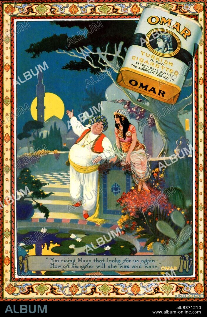 In the early 1900s, manufacturers of Turkish and Egyptian cigarettes tripled their sales and became legitimate competitors to leading brands. In 1911, The American Tobacco Company introduced Omar, a premium Turkish blend cigarette, in order to compete with other leading Turkish brands like Murad.<br/><br/>. The cigarette was named after the medieval Persian poet Omar Khayyam, who experienced a resurgence of popularity from 1900-1930. Advertisements for Omar cigarettes referenced Khayyam's famous poem, The Rubaiyat , and focused on themes of pleasure, leisure, and luxury.
