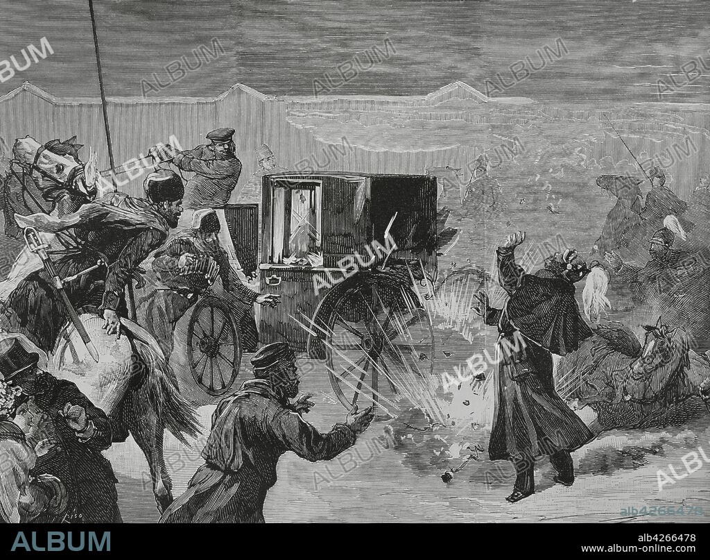 Alexander II of Russia (1818-1881). Czar of the Russian Empire. Assassination of the Czar by a bomb thrown by Ignati Grinevitski at the feet of the Czar. St. Petersburg. Explosion of the bomb that mortally wounded Emperor Alexander II on the Catherine Canal pier, in the afternoon of March 13t, 1881. Engraving. La Ilustracion Espa–ola y Americana, 1881.