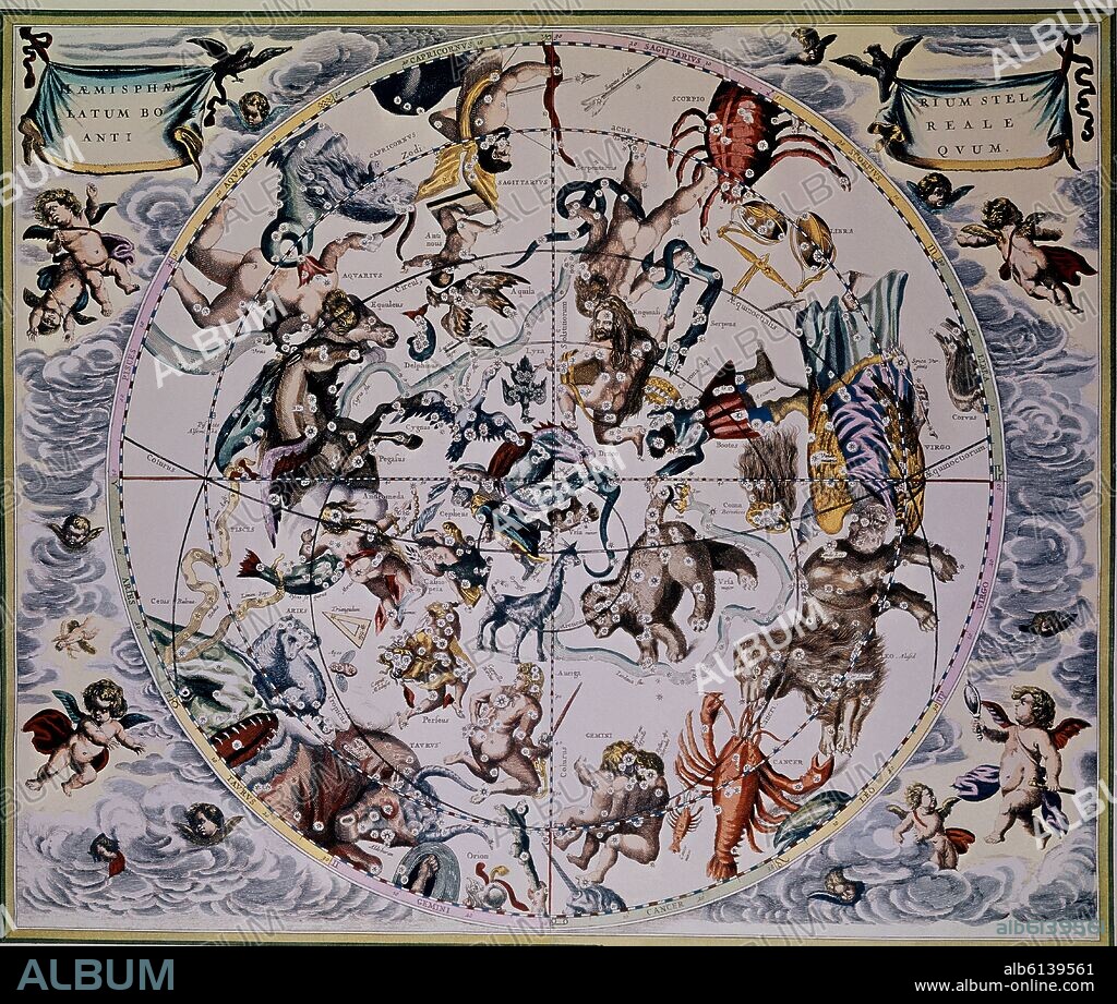 ANDREAS CELLARIUS (1596-1665). Celestial Planisphere Showing the Signs of the Zodiac, from 'The Celestial Atlas, or The Harmony of the Universe' (atlas coelestis seu harmonia macrocosmica) - ca. 1660-61 - hand coloured engraving.